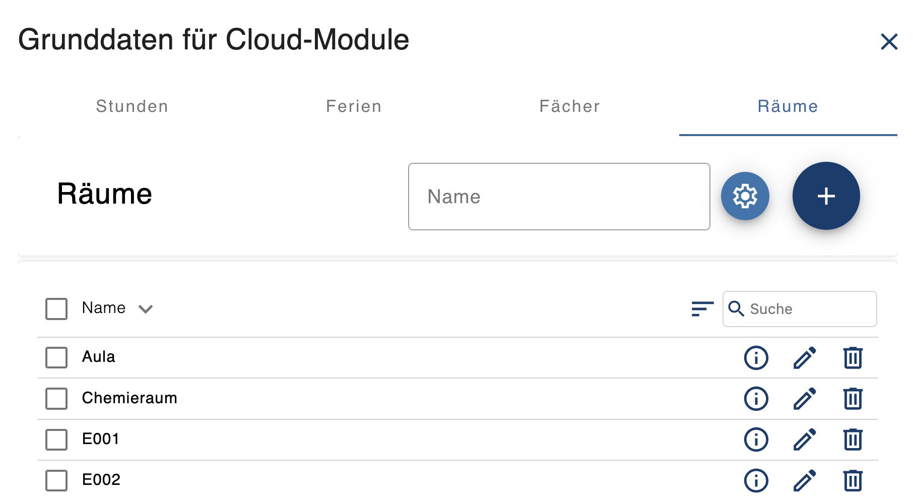 Screenshot: Räume in Grunddaten für Cloud-Module